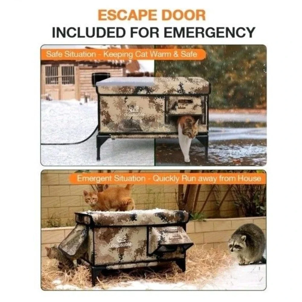 Indestructible Heated Cat House for Outside, 100% Waterproof, Escape Door